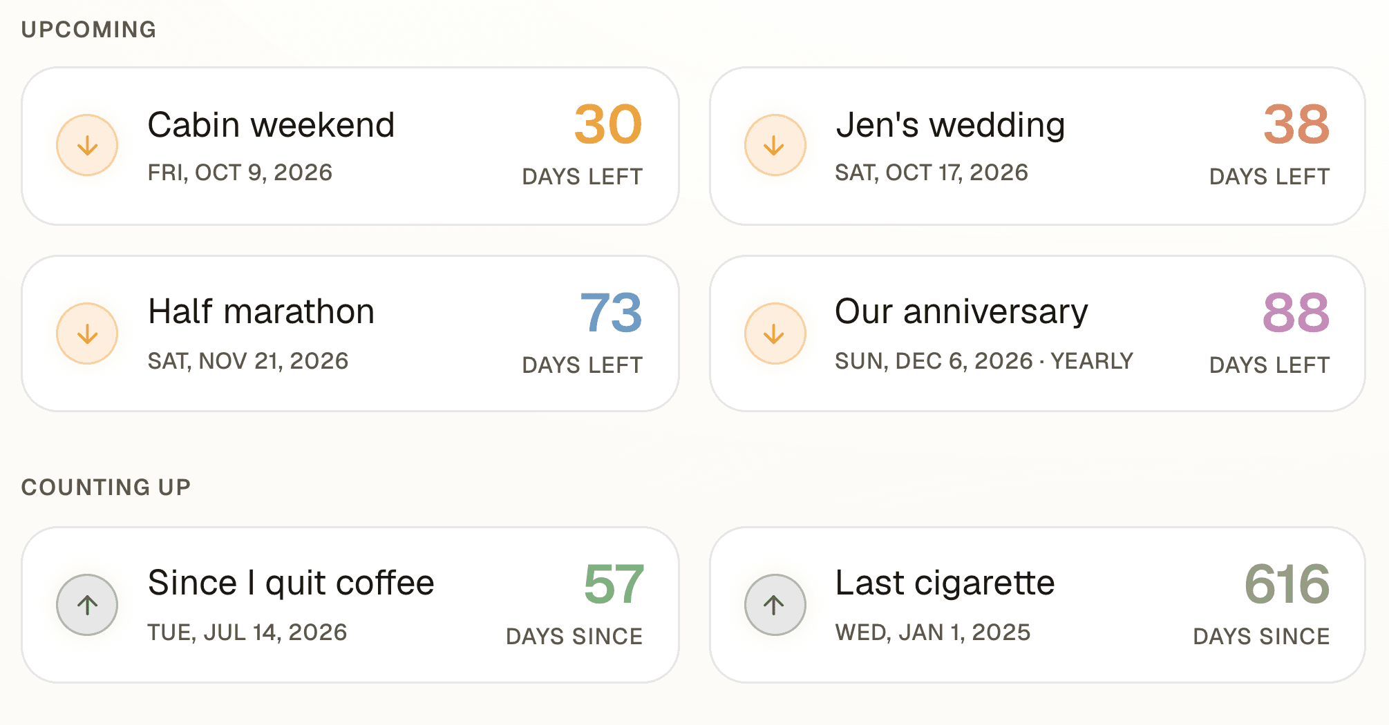 Countdown cards: cabin weekend, a wedding, a birthday, days since quitting coffee