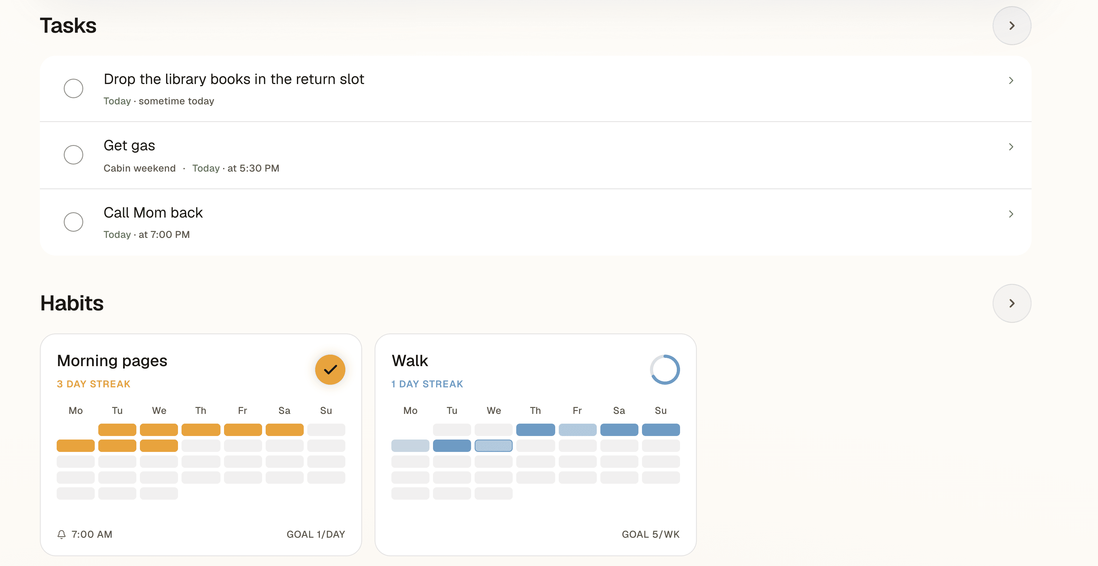 Home: today’s tasks, two habits and a countdown