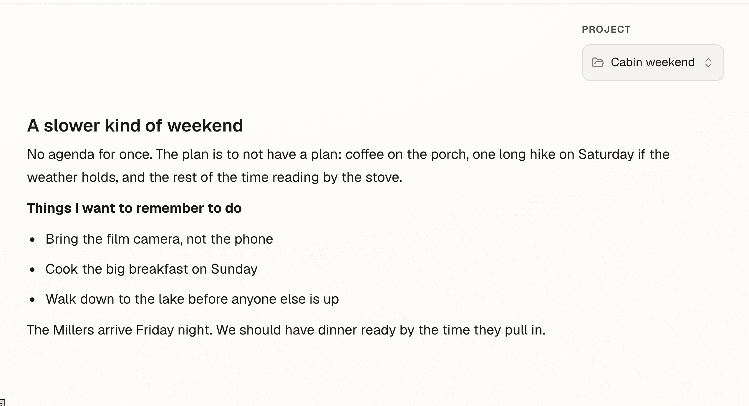 A note open in the detail pane, filed under Cabin weekend