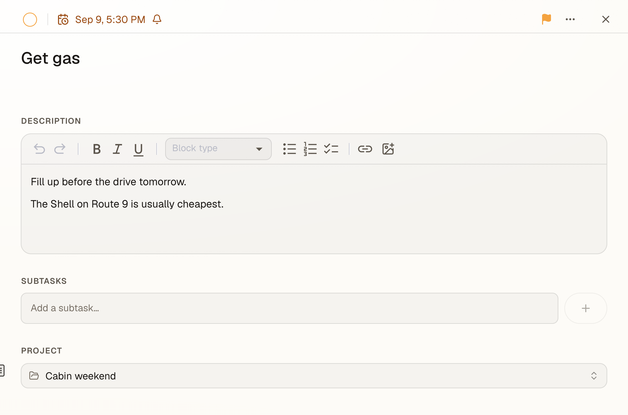 A task with its time, reminder, description and project