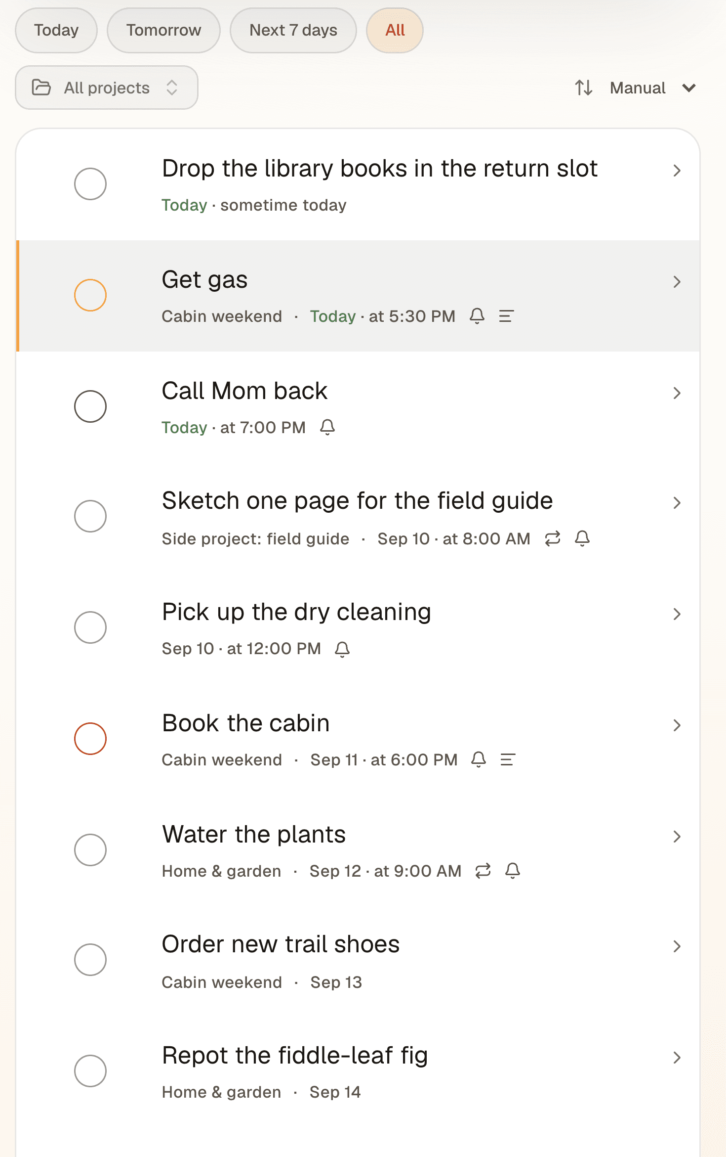 A task list with dates, reminders and repeats