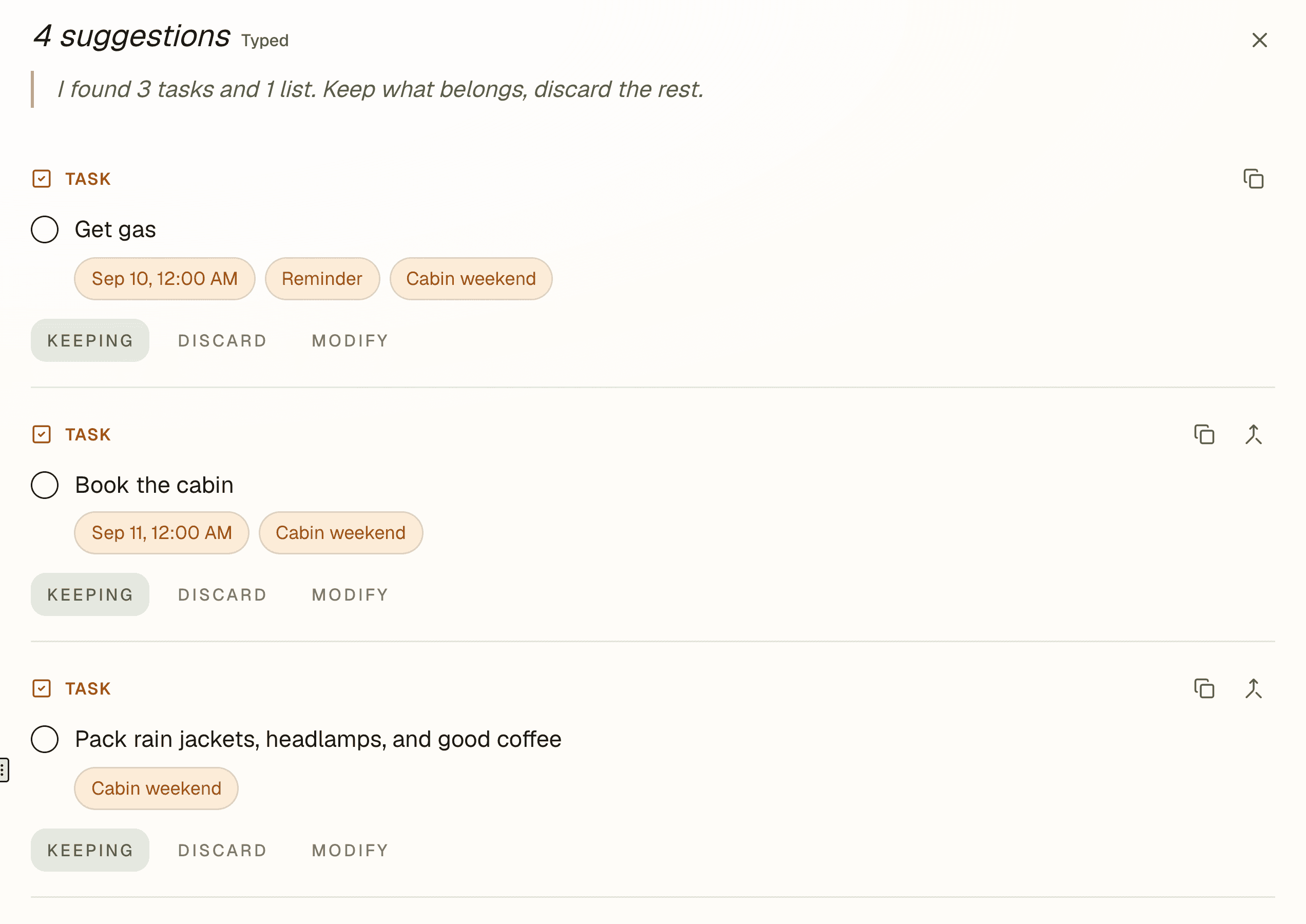 A thought turned into three tasks and a checklist, ready to keep or discard